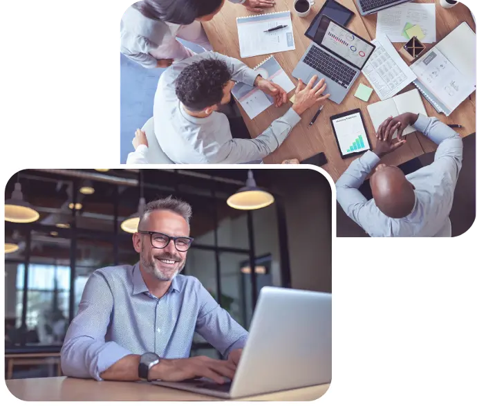 Man Smiling at Laptop, Team Working Together at Table